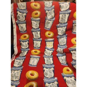 Nick & Nora Greek Coffee Cup NYC Flannel Fabric 2.4 Yds Red Bagels Anthora Print